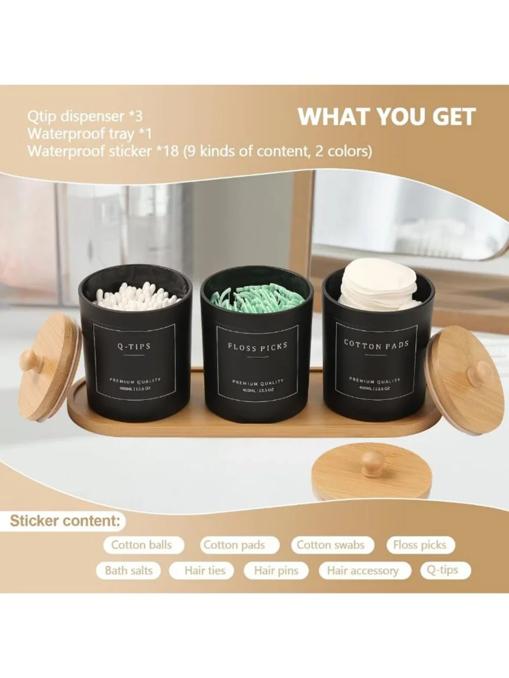 3 Pack Bathroom Organizer Set - Glass Jars with Lids, Cotton Pad & Floss Holder